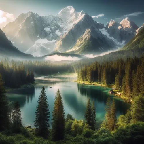 this is a beautiful alpine lake surrounded by tall mountains,mountain landscape,landscape background,mountainous landscape,fantasy landscape,beautiful landscape,heaven lake,landscape mountains alps,mo
