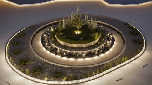 an artistic rendering with illuminated landscaping,oval forum,city fountain,star mosque,sky space concept,futuristic architecture,futuristic art museum,city mosque,9 11 memorial,alabaster mosque,highw