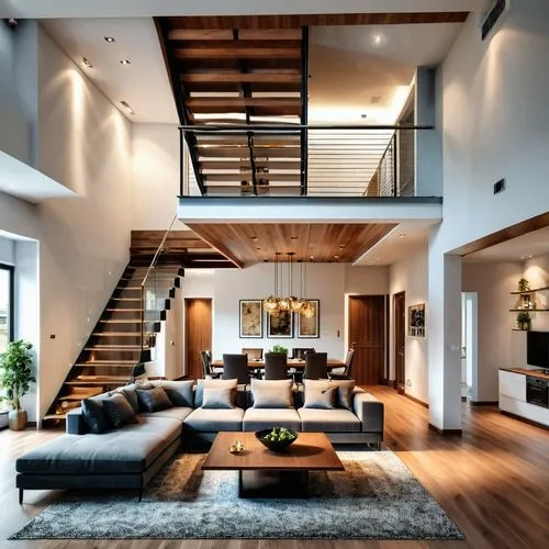 A DUPLEX LIVING ROOM WITH OPEN CEILING AND A STAIRCASE WITH A HUGE MODERN CHANDLER IN MODERN AND SUPER LUXURY FINISH WITH PROPER LIGHT AND EFFECTS,loft,interior modern design,modern living room,luxury