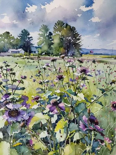 Цветущее поле и репейник,a painting of flowers in a grassy field,meadow in pastel,cow meadow,summer meadow,wildflower meadow,flower meadow,flowering meadow,flowers field,meadow landscape,blooming fiel