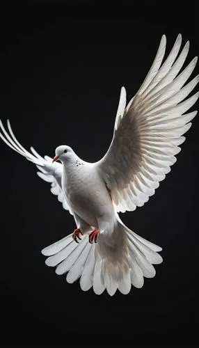 white dove, wide wingspan, dove is flying towards the viewer on black isolated background. Hyper-realistic with a cinematic quality, featuring sharp details and rich colors that add depth and warmth t
