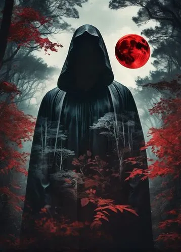 A captivating double exposure photograph featuring a mysterious man, partially transparent, standing amidst a lush, dark forest. The man, draped in a long, flowing robe, appears to be made of shadows,