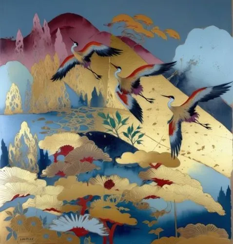 П пейзаж с журавлями в китайском стиле,two birds fly over a mountain with flowers,wall painting,mural,murals,glass painting,marquetry,mountain scene