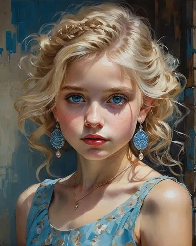 Light-haired girl with textured skin, big blue eyes, delicate earrings and a dress，by Eddie Mendoza,girl portrait,child portrait,mystical portrait of a girl,blond girl,child girl,portrait of a girl,bl