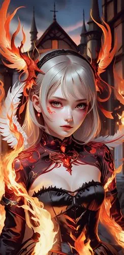 an illustration of a sexy woman surrounded by fire,fire background,cinder,infernal,fire siren,fire angel,salter,fire devil,flame spirit,hellfire,bedevil,fire master,embers,firebrand,fire poi,fire red 