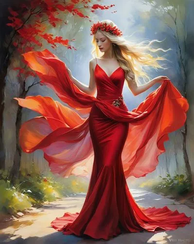 A mesmerizing and vivid painting captures the essence of a woman with long blonde hair, who stands out amidst a symphony of reds. She wears a captivating red berry headpiece and holds a bold and fiery