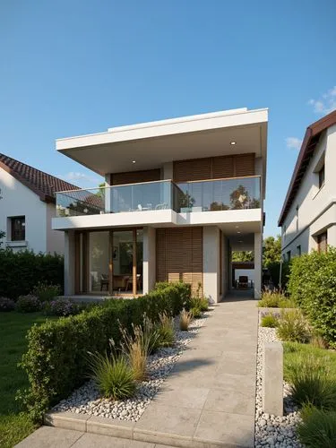 A modern two-story house with a contemporary design, located in a suburban area. the house has a sleek, minimalist exterior with large glass windows and wooden blinds, allowing natural light to filter