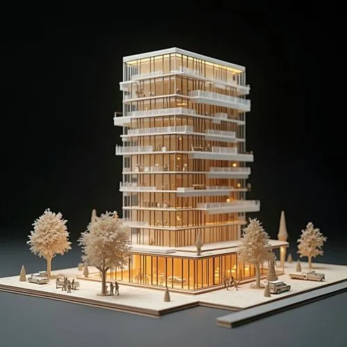 3d mockup model made of wood and transparent plastic sheets. The model is for a modern style parametric design tower, placed on studio table and dark background, spotlight placed above the model but n