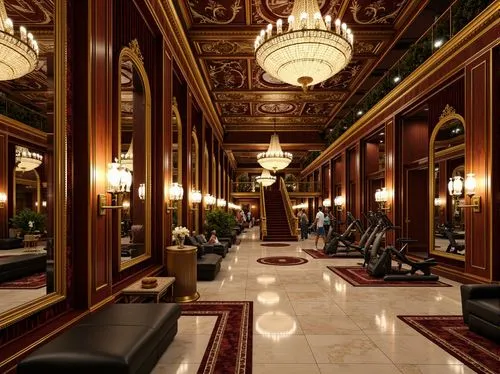 Opulent baroque fitness club, lavish chandeliers, intricately carved wooden panels, gilded mirrors, ornate furnishings, velvet drapes, marble flooring, grand staircases, sweeping archways, dramatic li