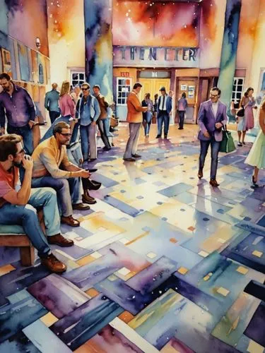 Фойе в театре,people standing in an atrium as a man sits and talks on a phone,church painting,art gallery,waiting room,audience,men sitting,hotel lobby