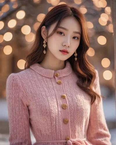 A korean girl wearing pink velvet button knit midi dress in winter, in the style of classical romanticism, accurate and detailed, gongbi, gold and beige, realistic impression, cottagecore, glistening,