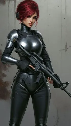a female special forces, with metallic read armor, with battle damage, modern rifle ,a female in a leather suit is holding a gun,domino,black widow,woman holding gun,girl with gun,rogue,mercenary,girl