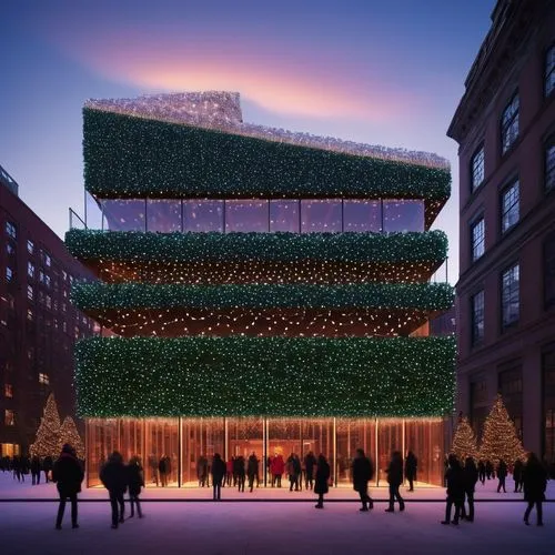 design inception architecture with christmas light all over the architecture in New York City experience designed to be entered and explored. Explore how distinct architectural styles can be fused wit