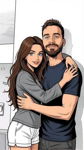 Add the following with the man:
A stunning witch in her thirties, with long brown hair and blue eyes.
She's wearing a gray pajama top and white shorts.
The woman hugged the man.,a couple emcing each o