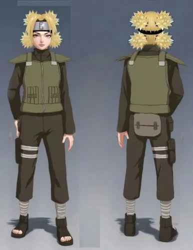 OLIVE GREEN VEST, BLACK PANTS AND SHIRT. CHANGE THE BANDANA. PLACE THE OBJECT BANDANA SYMBOL. ,TEMARI, NARUTO,naruto,TEMARI,MANGÁ,KUNOICHI,NINJA WAR