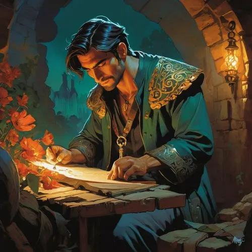 Afghania write flower,candlemaker,scholar,fire artist,persian poet,fantasy portrait,rotglühender poker,merchant,cg artwork,binding contract,game illustration,apothecary,watchmaker,painting technique,t