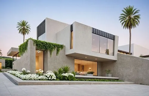 A photo-realistic rendering of a modern, minimalist house with a contemporary design. the house is a two-story building with a combination of concrete and stucco, featuring large windows and sliding d