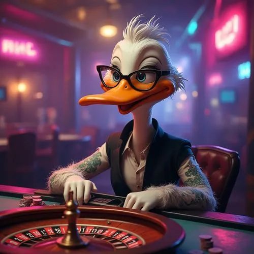Um pato antropomórfico de caricatura, com um sorriso brincalhão e misterioso e um olhar estreitado, tenta dialogar, vestido com tatuagens modernas nos braços e óculos de Julieta, elegantemente vestido