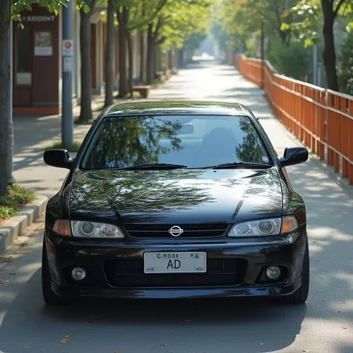 A medium shot of the three-quarters of a black Nissan family car. The car has 3 large danish-white wheels. A light gray front license plate reading "AD" is below the danish license plate. On the left 