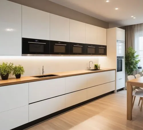 A modern and stylish kitchen featuring a warm combination of cream MDF and wood, creating a cozy and inviting atmosphere. On the right side, there is a double-bowl sink along with a built-in cooktop, 
