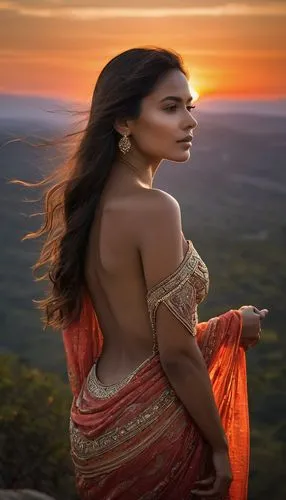 As the sun begins to set, a woman with long, tanned skin gazes intently at the viewer with glimmering hues of pure beauty. Her long shoulder extends into the sky, radiating warmth and beauty radiating