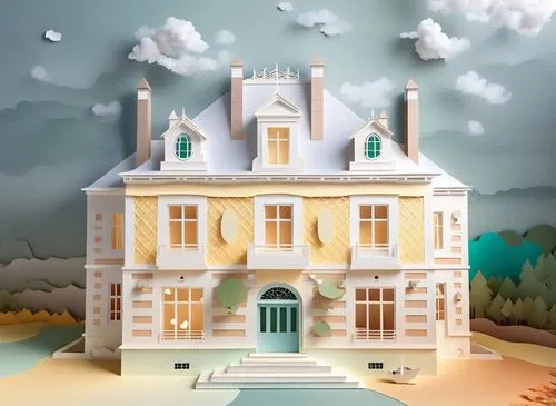a paper house with a staircase and steps leading to it,miniature house,model house,miniaturist,dolls houses,doll's house,doll house