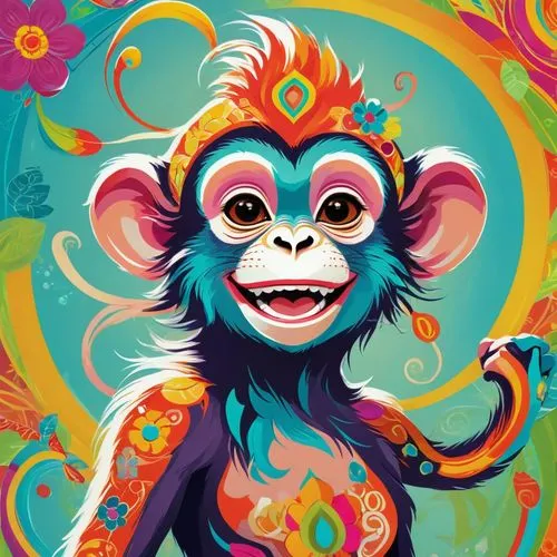 female anthropomorphic monkey ,colorful painting of a monkey in front of flowers,monkey,monkeys band,simian,monkeying,primate,chimpanzee,monkey island,the monkey,circus animal,war monkey,baby monkey,p