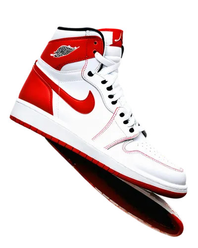 Air Jordan 1 shoes, white and red sneakers, lace-up closure, rubber outsole, leather upper, iconic "Jumpman" logo, detailed stitching, shiny surface, solo, close-up, dramatic lighting, shallow depth o