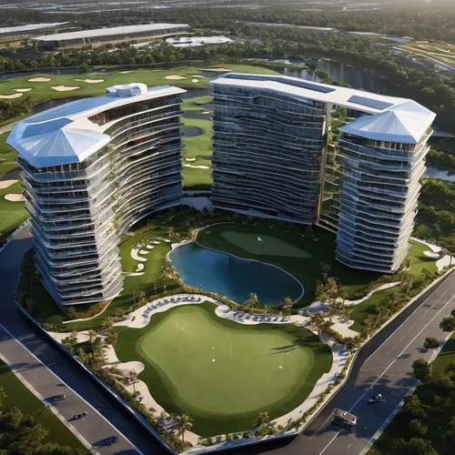 Two 14 stories, solor glass, renewable energies,  triangular outer buildings, one separate 14 stories octagonal center building, three pools, one rooftop deck pool, balconies on one building, golf cou
