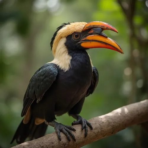 Close shot of a Great Hornbill (concave-casqued hornbill, great Indian hornbill) sits on a tree branch,black and orange bird with a bright beak,malabar pied hornbill,lesser pied hornbill,hornbill,orie