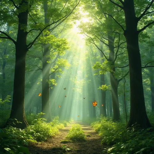 Create a vivid forest scene emphasizing the interplay of light and shadow among lush, green trees. Focus on the intricate patterns of leaves, capturing their varying shades of green. Convey a sense of
