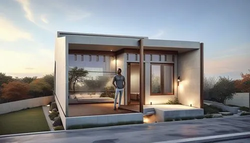 a man standing inside a small white box,renders,modern house,render,cubic house,prefab,modern architecture,prefabricated,inverted cottage,folding roof,frame house,penthouses,smart home,smart house,dun