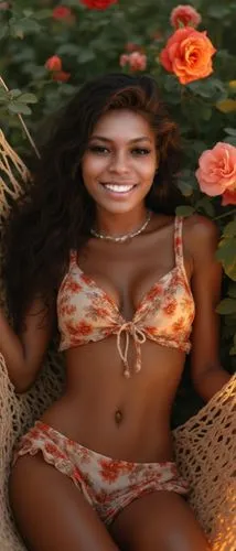 Mujer ebony. (Generar el rostro idéntico al de la imagen suministrada cómo textura: 1.3),a model laying on a hammock with roses,polynesian girl,hula,rosa bonita,lumidee,guelaguetza,ixchel