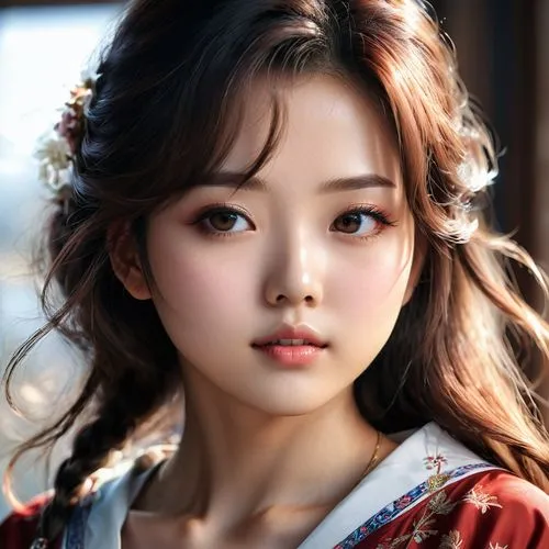 korean beautiful anime girl ,asian woman with blue eyes in close up pose,hanbok,hara,gisaeng,doll's facial features,mongolian girl,kyunghee