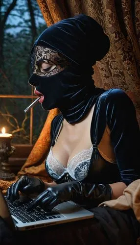 As evening falls, she lies on the couch, immersed in the soft glow of her laptop screen. Her outfit is cozy and relaxed - perhaps a hooded lace bra slipped over her head, paired with loose panties. Bu