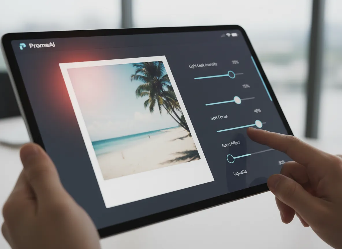 Un'interfaccia utente in PromeAI che mostra dei cursori per regolare effetti come 'Intensità Infiltrazione di Luce' e 'Soft Focus' su un'immagine in stile Polaroid.