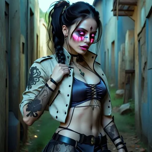 the girl is posing with a knife in her mouth,tattoo girl,neon body painting,body painting,domino,jinx,punk,voodoo woman,body art,face paint,alley cat,borderlands,punk design,cyborg,female warrior,crof