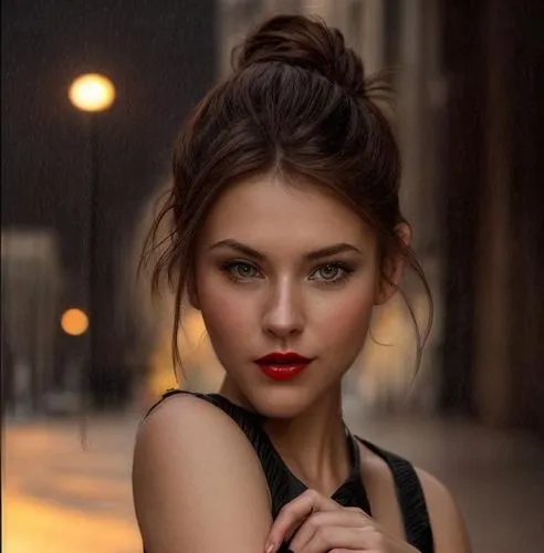 a portrait of a beautiful Caucasian young woman, 22 years old with brown hair, brown eyes, and red lips, she is wearing a black dress with a neckline. She is standing in a street of London at sunset o