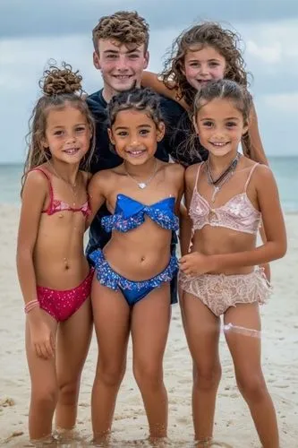 group of kids standing together on a beach,children is clothing,photo shoot children,outnumbered,pictures of the children,beach background,children girls,kiddos,bimbos,children,quintuplet,little angel