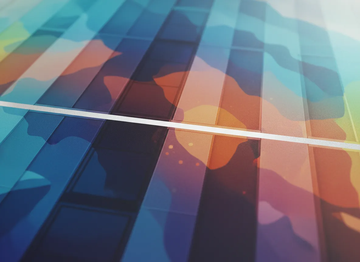 Nahaufnahme eines mit PromeAI erstellten abstrakten Posters, das die Textur einer Gebäudefassade zeigt, bei der eine Linie scharf ist und der Rest in einer weichen, farbenfrohen Unschärfe verschwimmt.