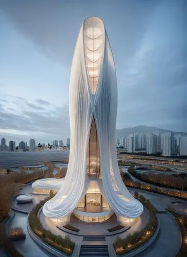 this is a modern building with huge curved shapes,futuristic architecture,futuristic art museum,the energy tower,fountain of friendship of peoples,renaissance tower,electric tower