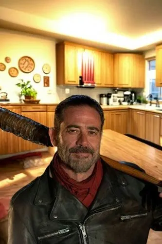 Negan TWD in Kitchen, Modern, Kitchen is visible, TV Show style dubbed 'Cooking with Negan', Awesome, Aesthetic, Rustic, Cinematic,gar,machete,lasagnette,wolverine,beef rydberg,axe,house,a hammer,meat
