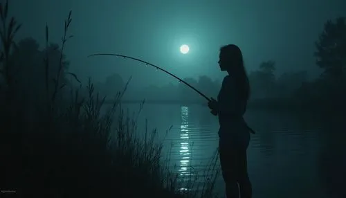 dark random scene from horror movie,country,rednex,young lady fishing,a woman fishing in the fog on the river,fisherman,angler,fisherwoman,fishing rod,fishing,the night of kupala