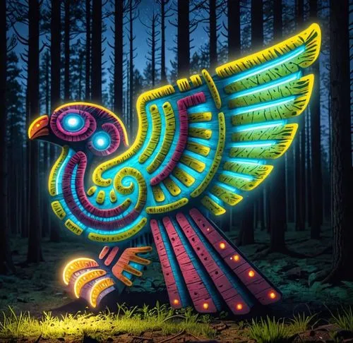 illuminated bird sculpture in the middle of a forest,fairy peacock,phoenix rooster,peacock,gamecock,an ornamental bird,cockerel,night bird,decoration bird,bird illustration,ornamental bird,finagle,coc