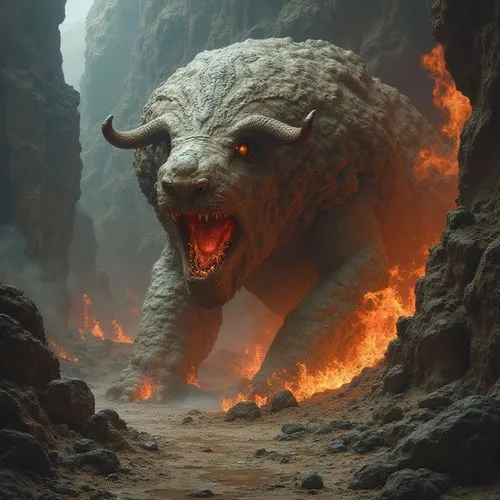 devour the world ,the monster is headed to the edge of an underground cave,rancor,stone lion,chimera,rattletrap,cataclysm,druids,fantasy animal,sheep head,fire breathing dragon,bugbear,door to hell,sn
