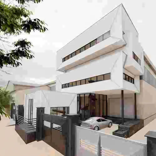 a 3d image of a white building with cars in front,modern house,render,rendered,residential house,house drawing,modern architecture,renders,cantilevers,school design,core renovation,cubic house,two sto