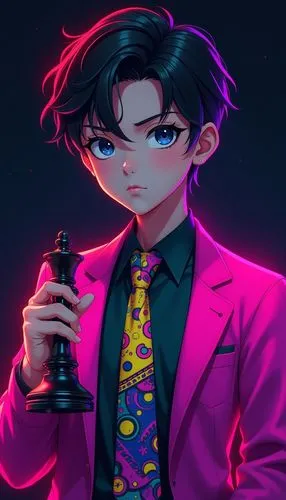 A digitally illustrated portrait of a confident, stylish boy with baby facial features and a serious expression. The character is wearing a vibrant, neon pink blazer over a dark green shirt, paired wi