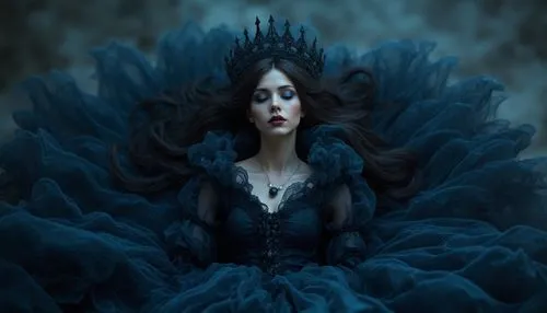 Create a dark version of Sleeping Beauty based on Sleeping Beauty. The image is supposed to portray her as a cursed princess, forever trapped in a dreamlike nightmare. The skirt of her blue-black gown