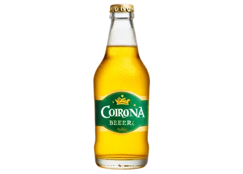 Corona beer bottle, transparent glass, golden yellow liquid, narrow neck, green label, red logo, condensation droplets, ice cubes, solo, close-up, 3/4 composition, shallow depth of field, warm color t