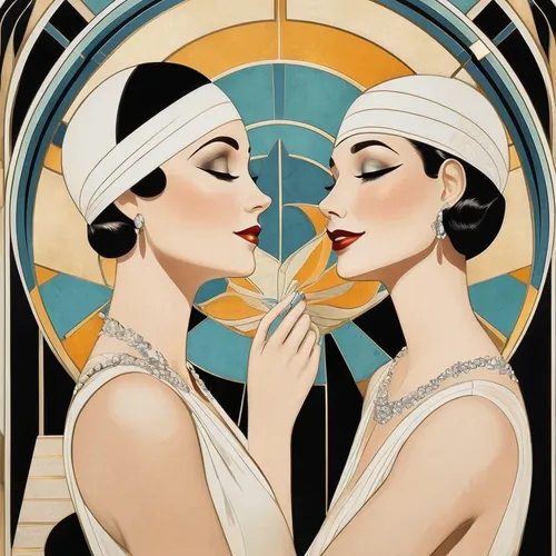 Capture the happiness in their eyes as they make a wish.,art deco woman,art deco,art deco frame,art deco ornament,roaring twenties couple,flapper couple,roaring twenties,roaring 20's,art deco backgrou